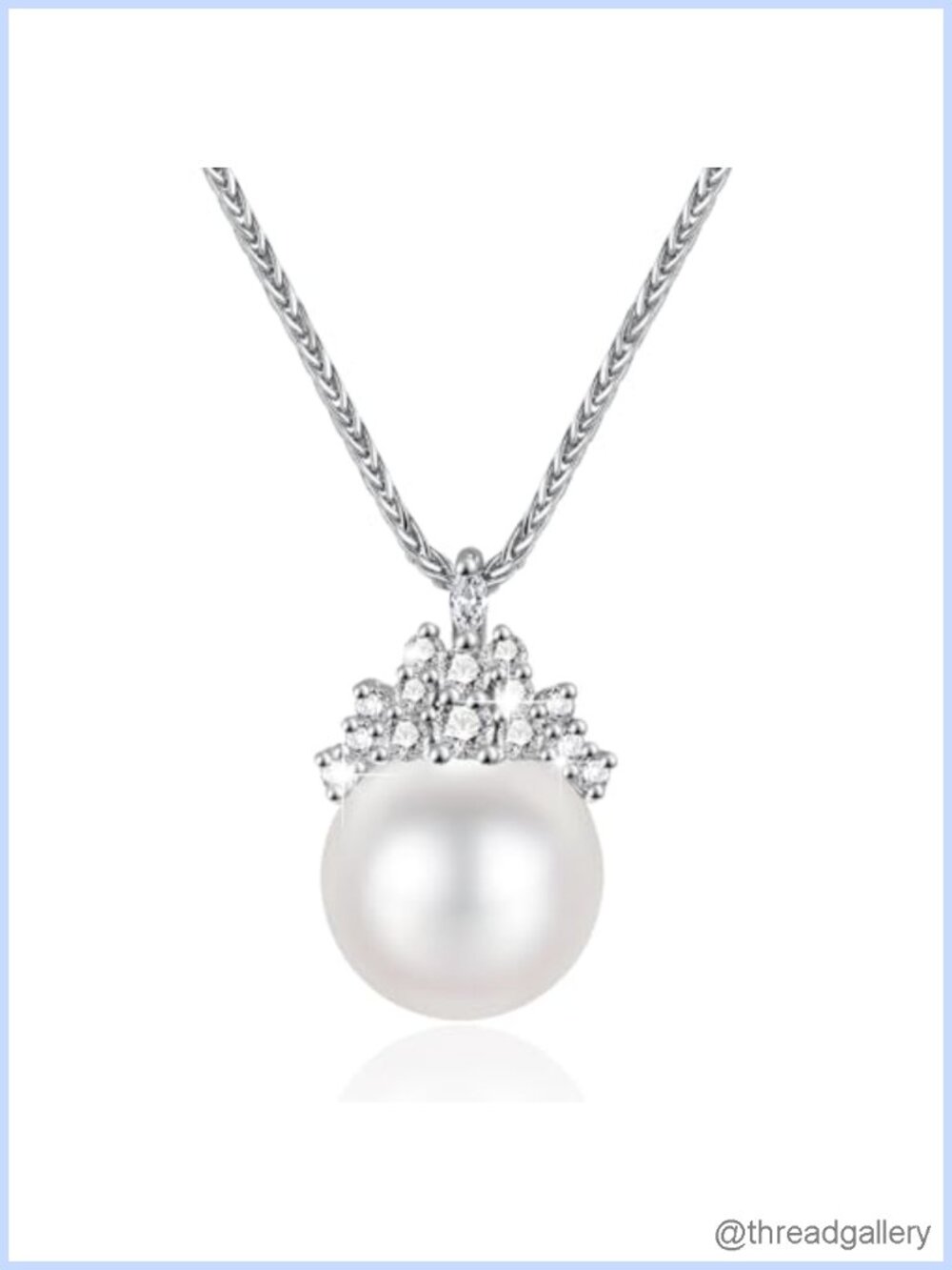 14K White Gold Plated Necklace with Pearl Pendant and Cubic Zirconia